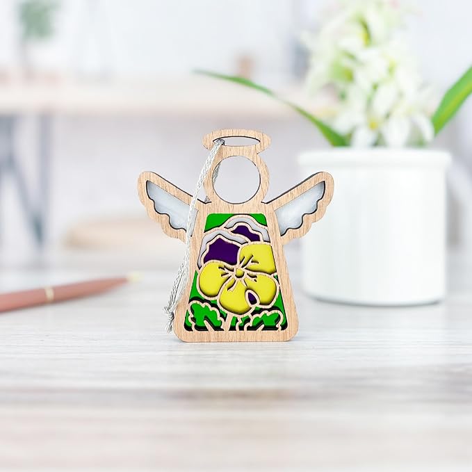 Pansies Gifts for Women - Pansy Christmas Ornament - Yellow Purple Flower Suncatcher - Memorial Angel Figurine - 3.5" (H)