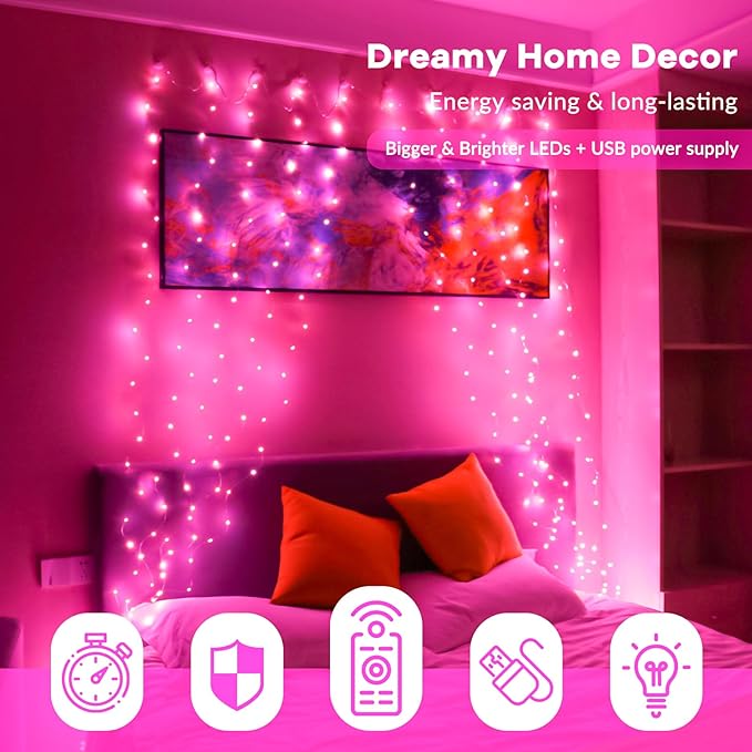 HXWEIYE 300LED Fairy Curtain Lights, 9.8x9.8Ft Pink USB Plug in 8 Modes Timer Christmas String Hanging Lights with Remote for Bedroom Backdrop Wedding Party Home Wall Garden Outdoor Indoor Decor