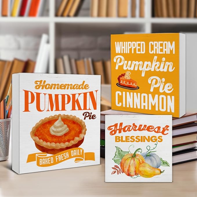 3 Pcs Fall Wood Signs Decor Autumn Pumpkin Wood Block Signs Farmhouse Fall Pumpkin Pie Harvest Blessings Wooden Box Signs Home Decorations for Tiered Tray Desk Table Shelf