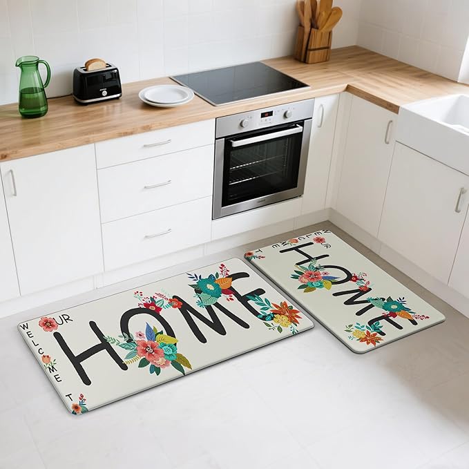 GENIMO Anti Fatigue Kitchen Mats for Floor, Non Slip Washable Home Theme Rugs Sets of 2, Farmhouse Cushioned Waterproof Comfort Runner Rug for Kitchen, Sink, Desk, Laundry, 17"x 47"+17"x 30", White