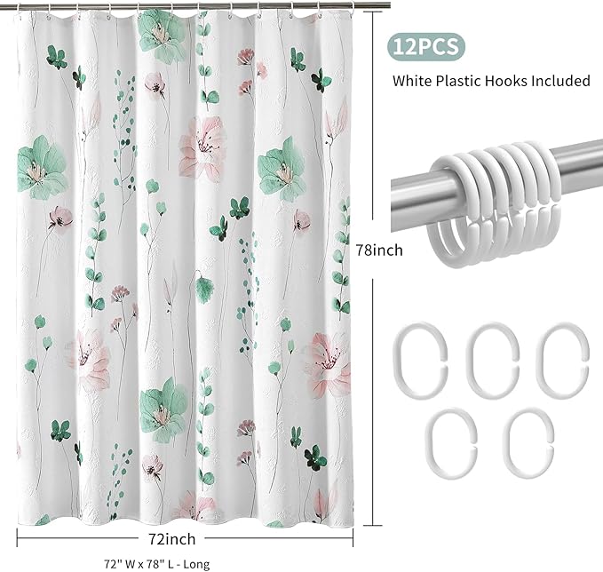 QiyI Long Shower Curtain 72 x 78, Modern Watercolor Floral Bath Curtain, 3D Embossed Sage Green Flower Cloth Bathroom Curtain, Waterproof Fabric Rustic Farmhouse Shower Curtain Set with Hooks