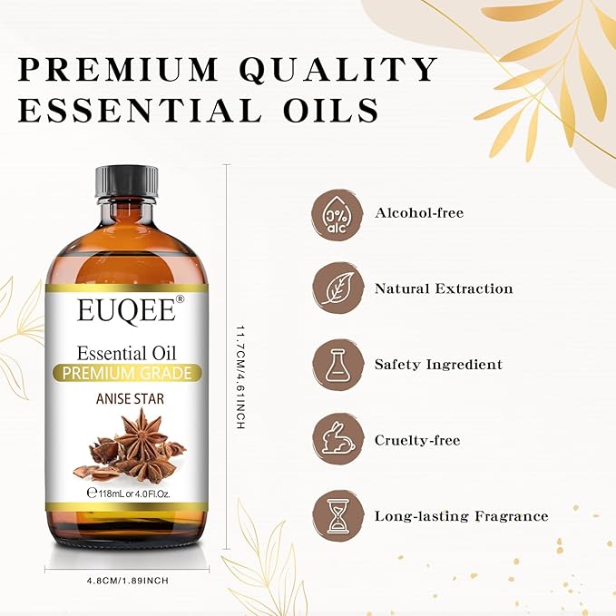 EUQEE Anise Star Essential Oil 4oz / 118ML Large Capacity Anise Star Oil Pure & Premium Fragrance Essential Oil with Glass Dropper for Candle Soap Making, Diffusers