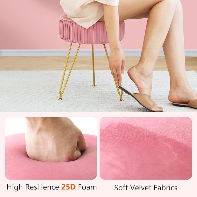 Velvet Vanity Stool Chair, Round Makeup Vanity Chair with Adjustable Metal Legs & Soft Padded Seat, Ottoman Foot Stool for Bedroom, Living Room, Entryway, Pink
