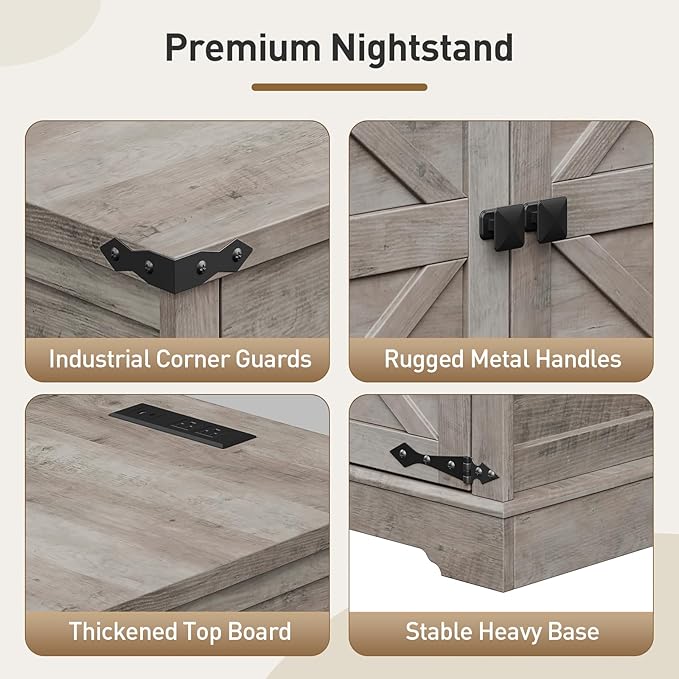 Farmhouse End Table Set of 2, 24'' Sofa Side Table with 2 Drawers and Barn Door, Large Rustic Wooden Square Nightstand for Bedroom, Living Room, Greige