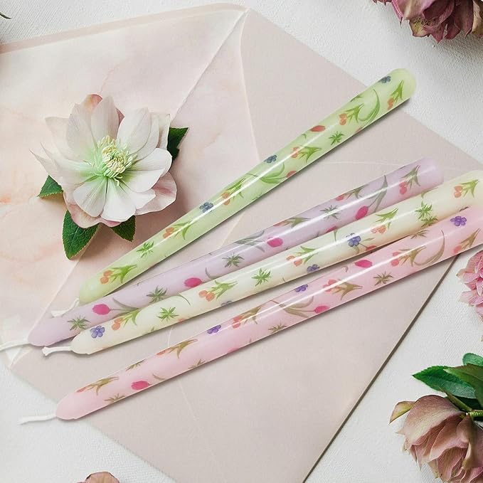 10 Inch Flower Taper Candles 4 Pcs Unscented, Smokeless, Dripless Long Tapered Candlesticks Candles for Mother's Day Birthday Dinner Dating Wedding Party Home Decor