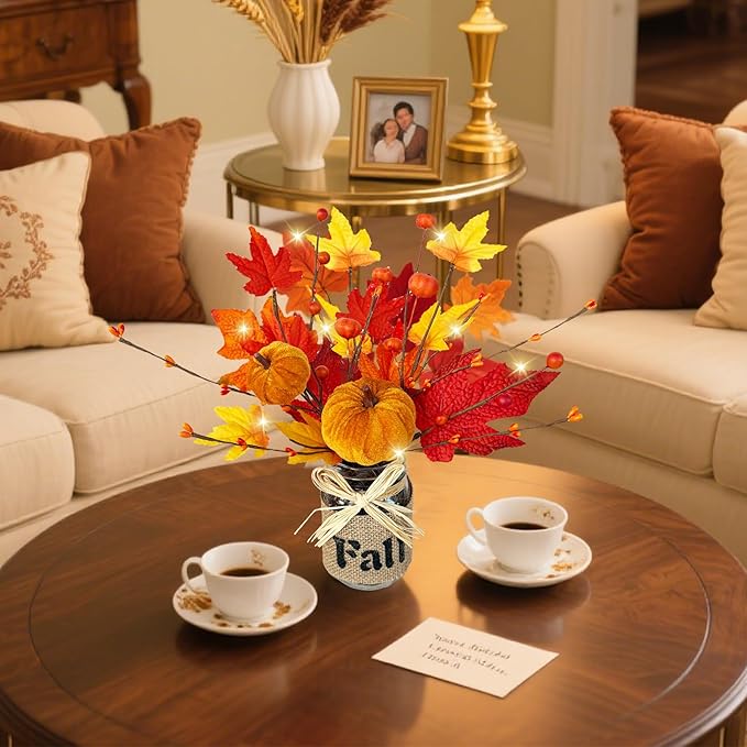 2 Pack & Timer Fall Decor 13.5 Inch Fall Centerpieces for Tables with 20 Lights, Thanksgiving Decorations Mason Jar with Maples Leaves Pumpkins Berried Fall Decorations for Table Coffee Table Kitchen