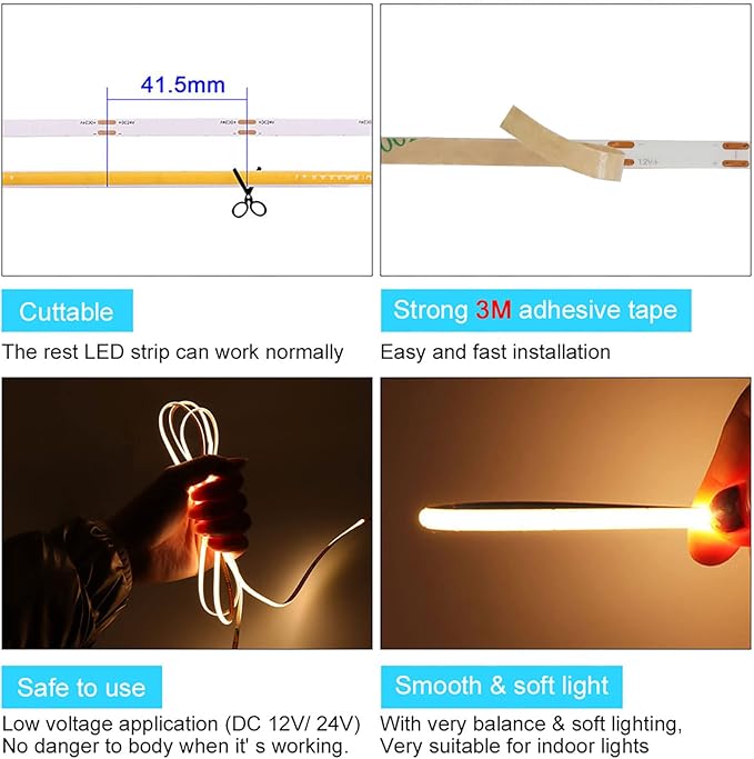 5mm Ultra Thin COB LED Strip 24V Ice Blue Color 16.4FT, RA>90 High CRI LED Tape Light, Cuttable Flexible, IP30 for Indoor House Kitchen Room Decor
