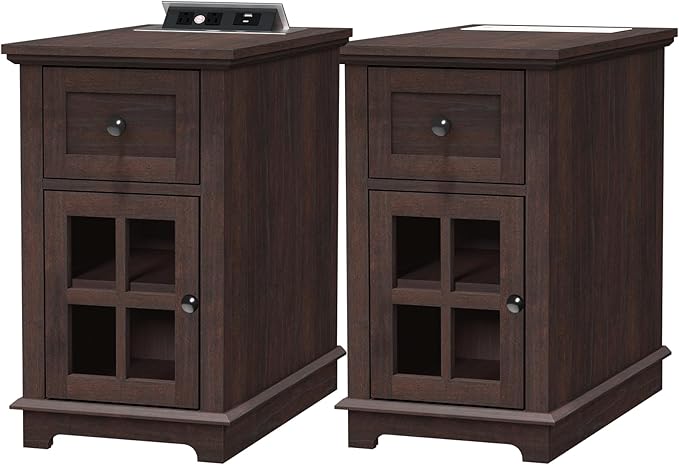 HIFYOBRO Narrow End Table with Flip Top Charging Station Set of 2, Storage Side Table with Drawer and Cabinet, Type-C & USB Port & Power outlets, Wooden Storage Cabinet for Bedroom/Living Room