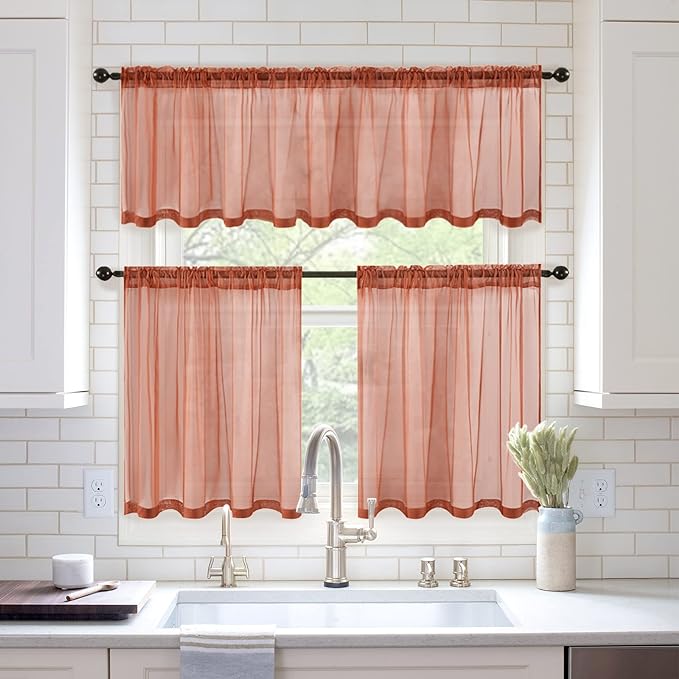 MIULEE Short Sheer Curtains 36 Inch Length for Kitchen Bathroom Cafe Half Window Treatment, Terracotta Rod Pocket Tier Fall Curtains 2 Panels 29x36 Inches Long, Burnt Orange