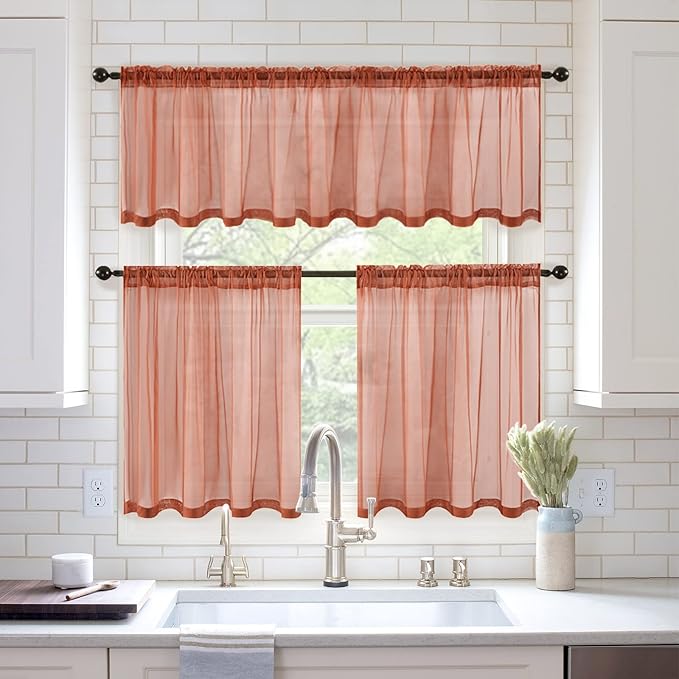 MIULEE Short Sheer Curtains 24 Inch Length for Kitchen Bathroom Cafe Half Window Treatment, Terracotta Rod Pocket Tier Fall Curtains 2 Panels 29x24 Inches Long, Burnt Orange
