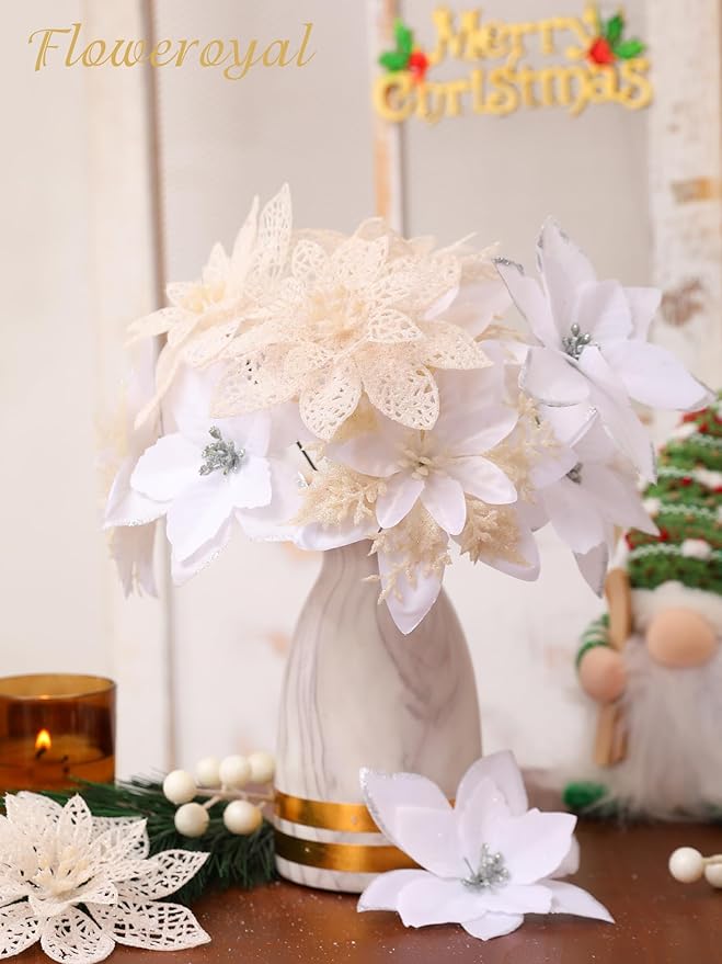 Floweroyal 60pcs Poinsettia Artificial Christmas Flowers Decorations with Clips and Berry Stems Glitter Ornaments for Christmas Tree Wreath Fireplace Stairs Decor (White-3 Styles)