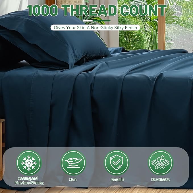 1000 Thread Count Egyptian Cotton Sheets Queen Size Set 4PCS Sateen Weave Soft Breathable 16-Inch Deep Pocket(Queen,Navy)