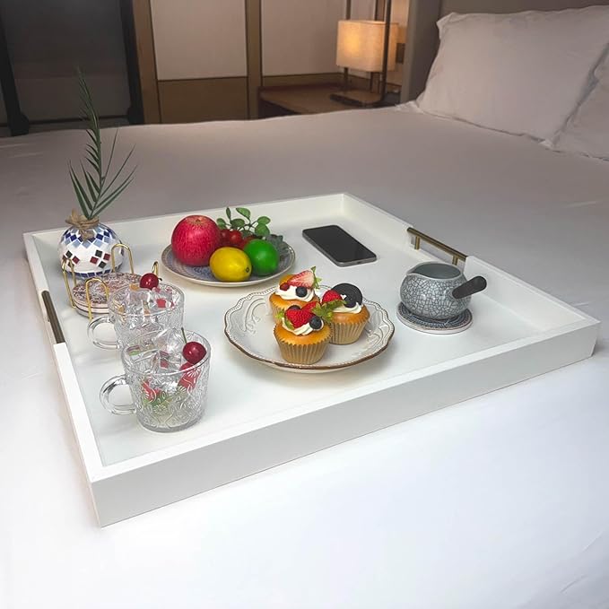 24x24 Inches Extra Large White Faux Leather Wrapped Wood Ottoman Tray with Golden Handles for Serving Food and Breakfast On Bed, Square Coffee Table Organizer, Home Decor and Decorative