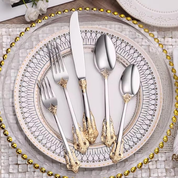 20-Pcs Luxury Silverware Set, Royal Flatware Set, Modern 304 Stainless Steel Flatware, Cutlery, Tableware (Gold & Silver, 20)