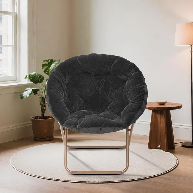 Magshion Saucer Chair for Adults, Comfy Living Room Lounge Chair for Bedroom Corner, Dorm, Apartment, Faux Fur Fluffy Circle Accent Seat with Thick Padded & Folding Metal Frame (Black)