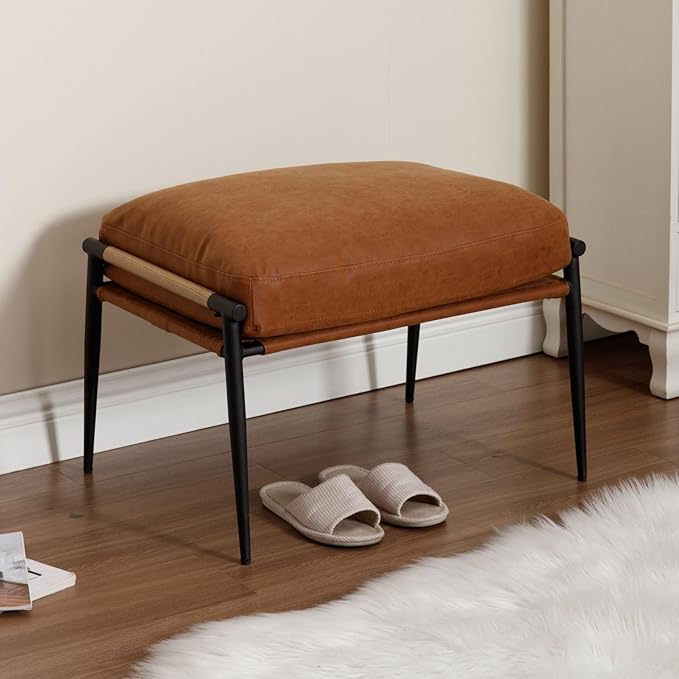 LukeAlon Upholstered PU Leather Footstool, Modern Ottoman Footrest Small Shoe Stool with Black Metal Legs Mid Century Vanity Stool with Armrests for Living Room Entrance Cushion Removable, Brown
