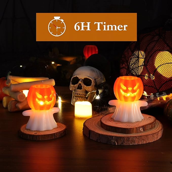 Homemory Real Wax Pumpkin Ghost Lamp, 4 Pcs Flickering Flameless Candles with 6hrs Timer, Spooky Halloween Pumpkin Candles, LED Battery Operated Lights for Home Halloween Decor, Theme Party