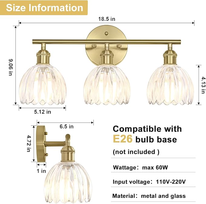 Vintage Bathroom Light Fixtures,3-Light Hardwired Vanity Lights Over Mirror,Gold Wall Sconces with Clear Tulip Glass Shade for Bathroom Living Room,E26 Socket(Bulbs Not Included)