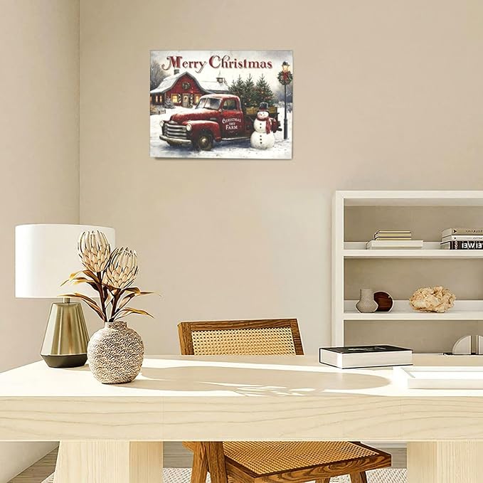 Christmas Pick-Up Truck Wall Art Christmas Tree Canvas Wall Decor Farm Barn Pictures Paintings Prints Snowman Artwork Framed Winter Holidays Decorations For Bathroom Bedroom Living Room Office Gifts 16" x 12"