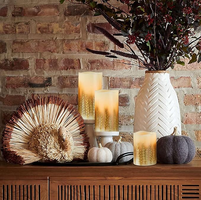 3 Pack Wheat Flickering Candles, Fall Decor Flameless Candles, Farm House Realistic Pillar Candle with Remote&Timer for Havest Celebration,Fall Decor, Home, Party