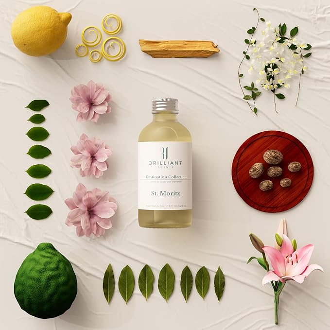 Brilliant Scents St. Moritz Fragrance Oil 120ml - Premium Diffuser Oil for Home, Office, Hotels - Long Lasting, Plant-Based, Meets IFRA Standards, USA-Made - Lemongrass, Magnolia, Koa Wood