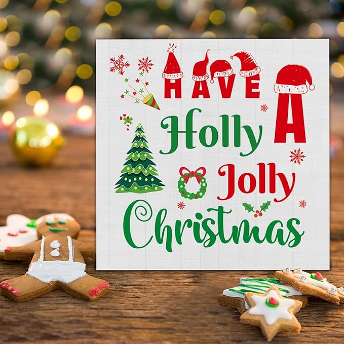 Indoor Christmas Decorations, Have a Holly Jolly Christmas Wooden Sign Decor, Farmhouse Christmas Wooden Block Sign, Christmas Home Decor for Table Shelf 5 x 5 Inch