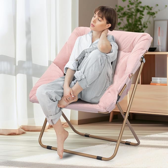 Athena Collection Saucer Chair for Adult, Square Comfy Cozy Chair Folding Chair Faux Fur Metal Frame Foldable Reading Chair Accent Chair for Bed Room Living Room, Pink