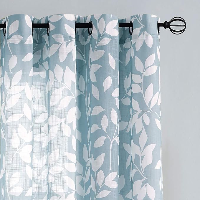 Treatmentex Blue Semi-Sheer Curtains for Living Room Windows 95" Long White Print Leaf Curtains for Bedroom Grommet Top Curtain Panels, 1 Pair