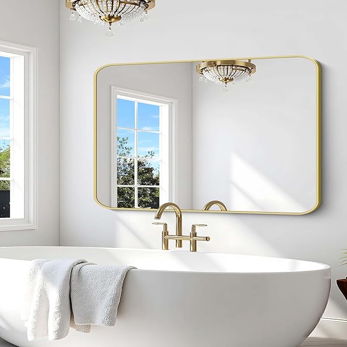 55"x36" Gold Bathroom Mirror, Large Rectangle Mirror, Rectangular Wall Mirror, Rounded Corner Vanity Mirror with Aluminum Metal Frame for Bathroom Bedroom Living Room Horizontal/Vertical