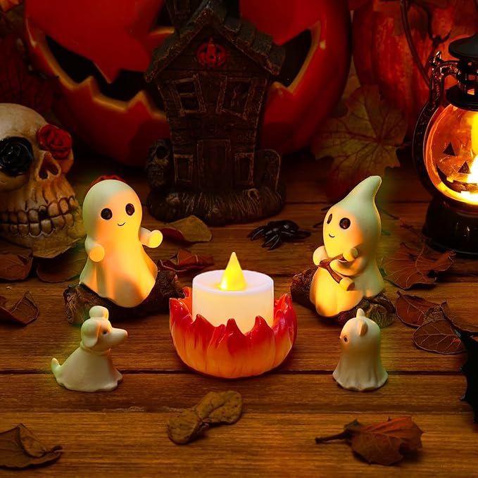 2025 Ghost Campfire Nightlight, Spooky Ghost Halloween Decorations Indoor, Cute Halloween Ghost Figurine, Funny Halloween Decor for Home Mantel Tabletop Party (with Cat and Dog)