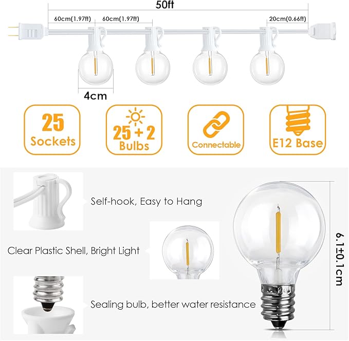 Mlambert 50Ft Outdoor String Lights, G40 Globe Patio Lights with 25+2 Waterproof Shatterproof LED Bulbs for Balcony Porch Bistro Deck-White Wire