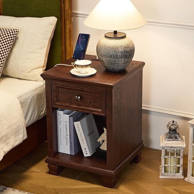 Farmhouse End Tables Living Room Set of 2, Rustic Wood Nightstand with 1 Drawer, Brown Bedside Table with Open Shelf for Bed Room, Side Tables for Living Room, Walnut