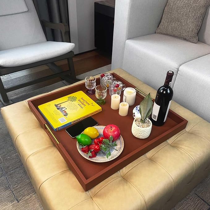 24x24 Inches Extra Large Brown Faux Leather Wrapped Wood Ottoman Tray with Golden Handles for Serving Food and Breakfast On Bed Square Coffee Table Organizer Home Decor and Decorative