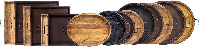 16β Round Ottoman Tray, Distressed Black Mango Wood, Rustic Farmhouse Style with Antique Brass Handles & Accent Strap, Large Coffee Table Tray for Tea, Breakfast in Bed, Living Room