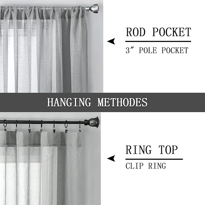 Tollpiz Short Sheer Tier Curtains Linen Textured Half Kitchen Curtain Sheers Light Filtering Rod Pocket Voile Small Curtain for Bathroom, 25 x 24 inches Long, Silver Grey, Set of 2 Panels