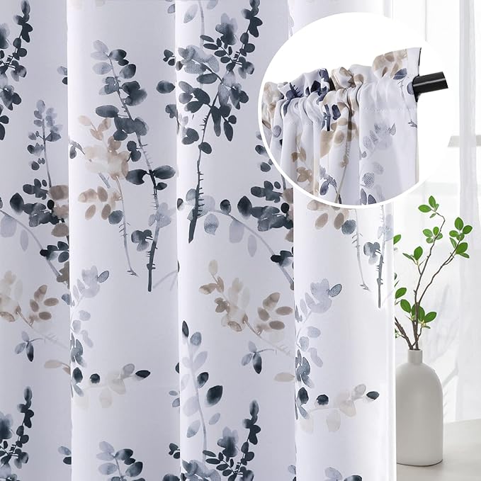 H.VERSAILTEX Floral Curtains 84 Inches Long Printed Pattern Room Darkening Curtains for Bedroom Rod Pocket Window Treatment Curtains, 2 Panels, Classical Floral Bluestone and Taupe