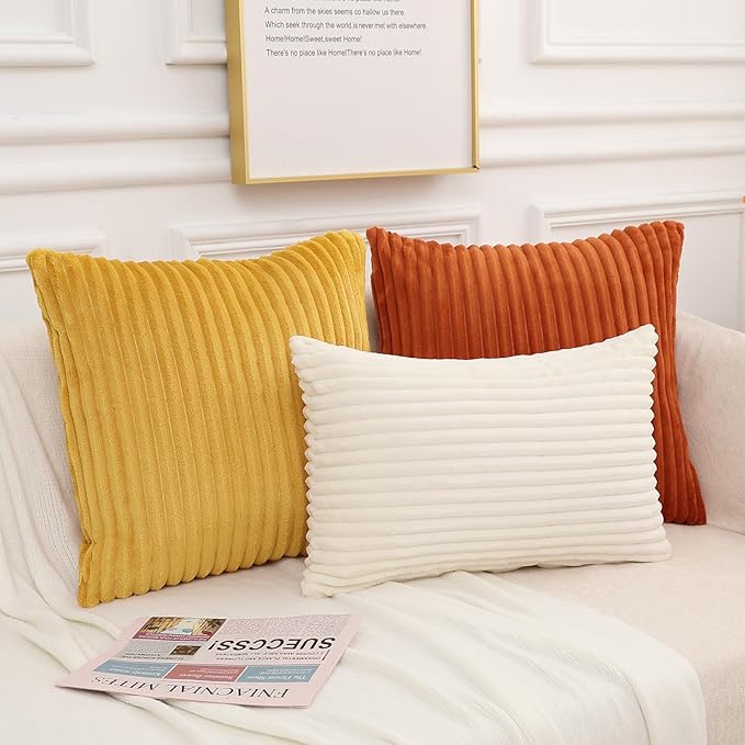 Simmore Decorative Fall Throw Pillow Covers 24x24 Set of 2, Soft Natural Plush Flannel Double-Sided Fluffy Couch Pillow Covers for Sofa Living Room, Cream White