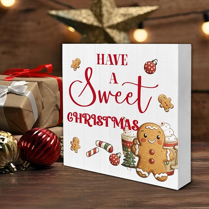 Christmas Kitchen Decorations, Hot Cocoa Wooden Sign Gingerbread Decor, Farmhouse Christmas Wooden Block Sign, Christmas Home Decor for Table Shelf 5 x 5 Inch