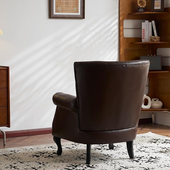 Modern Faux Leather Accent Chair, Upholstered Mid-Century Armchair with Solid Wood Legs, Single Sofa Chair for Living Room, Bedroom, or Reading Room(Reddish Brown)
