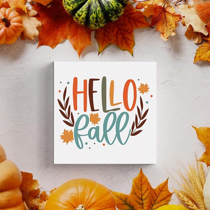 Fall Wooden Box Sign, 5.1 X 5.1 Inch Autumn Maple Wood Sign for Tiered Tray Decor, Home Living Room Harvest Day Thanksgiving Tabletop Decor - Hello Fall