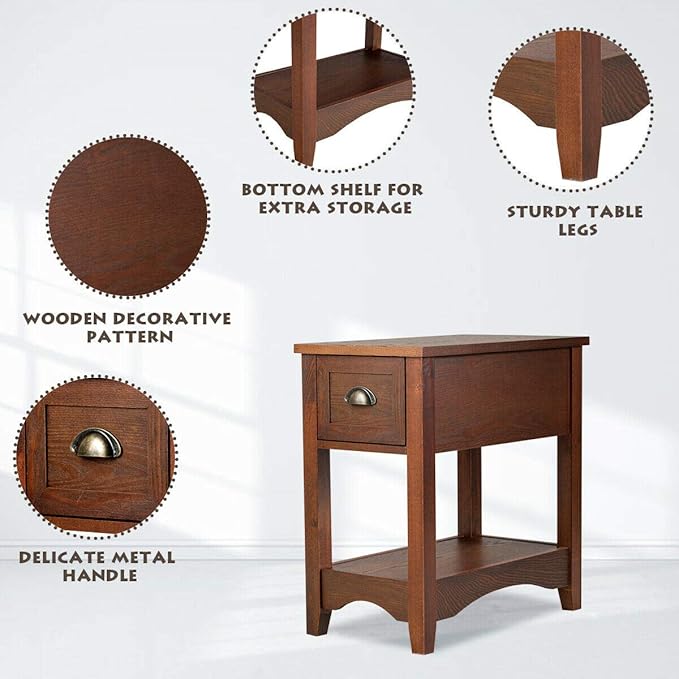 Giantex End Table with Drawer Set of 2, Retro Narrow Side Table, Nightstand with Solid Wood & Storage Shelf, Bedside Table for Living Room Bedroom Small Space Home Office (2, Walnut)