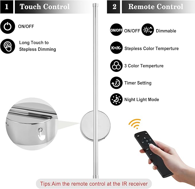 Battery Operated Modern Wall Sconces, Dimmable Wireless Wall Light Set of Two with Remote Control, 3 Color Temperatures, Rechargeable LED Wall Sconce for Bedroom, Living Room, Hallway 23.6 Inch Chrome
