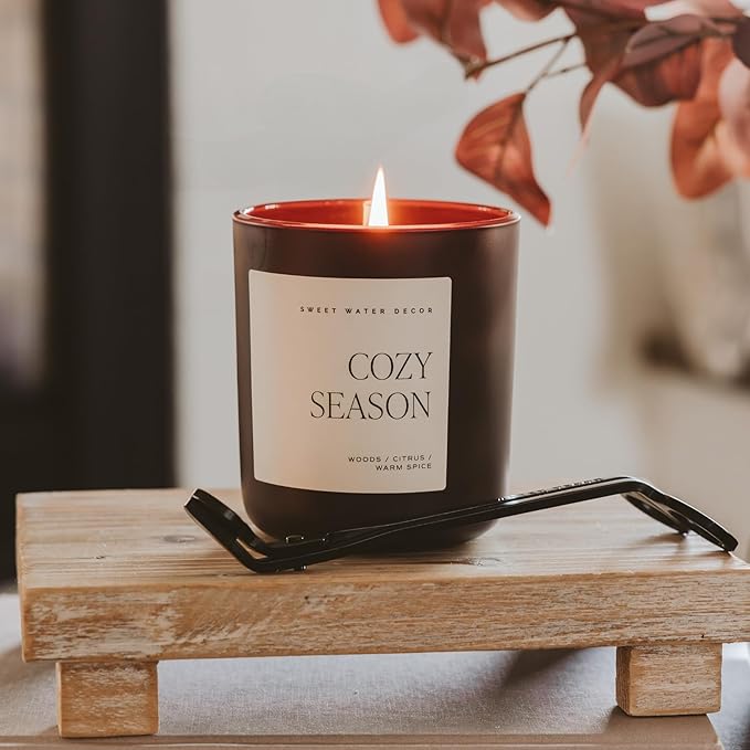 Sweet Water Decor Cozy Season Candle, Large 15oz Jar, Scented with Warm Woods, Citrus & Spice, Non-Toxic Soy Wax Blend, Fall & Winter Home Candle for Autumn, Thanksgiving & Christmas, 70+ Hour Burn