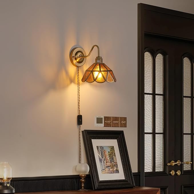Vintage Wall Sconce, Wall Lamps with Coffee Stone Triangle Checker Sconce, Stained Glass Shade Gold Wall Lights Fixture with Plug in Cord and Switch for Bedroom Bathroom Living Room Hallway