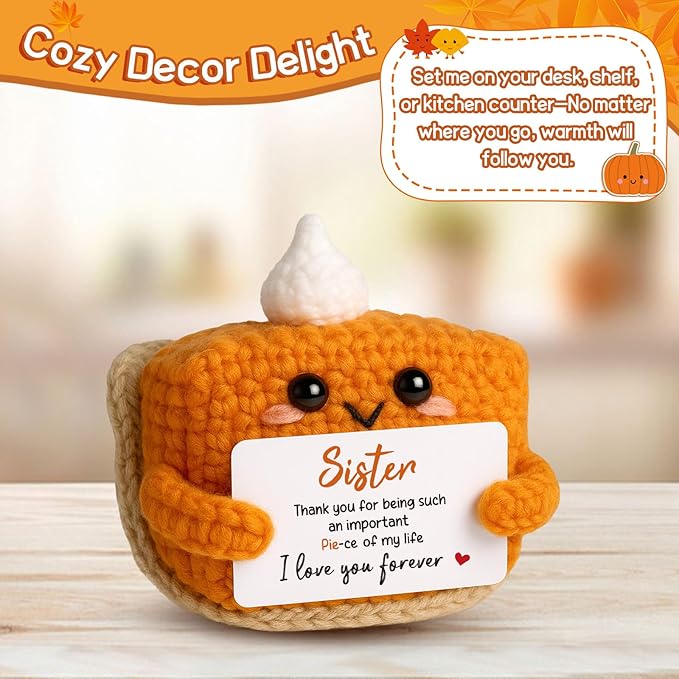 Thank You Gifts for Sister from Brother Sister, Mini Crochet Pumpkin Pie Plush Birthday Gifts, Halloween Thanksgiving Christmas Stocking Stuffer Emotional Small Cute Decorations