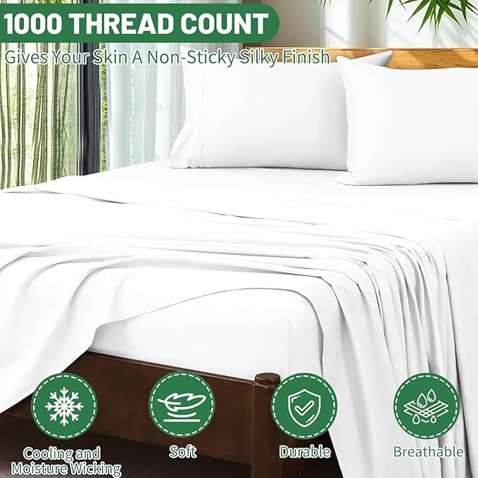 Extra Deep Pocket King Sheets 18-24 Inch 100% Egyptian Cotton 1000 Thread Count Sateen Weave Soft Breathable 4 Pieces(King,White)