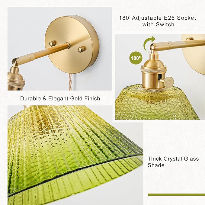 Plug in Wall Sconce, Vintage Sconce Light with Gradient Green Glass Lampshade, 180° Adjustable Wall Sconce with Switch and Plug in Wall Lamp Cord, Gold Wall Light for Bedroom Bedside
