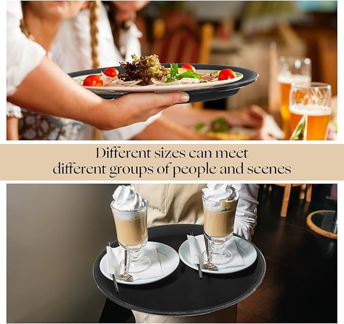 Zopeal 8 Pieces Black Round Restaurant Serving Tray, Plastic Non Slip Surface Food Meals Server Tray with Raised Edges for Home, Kitchen, Restaurant, Cafeteria, Bar (11",14",16",18")