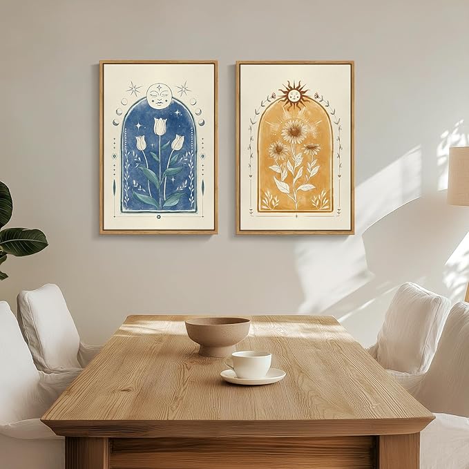 Framed Blue and Yellow Boho Tarot Wall Art for Room Decor, Set of 2 Sun and Moon Floral Artwork for Walls, Mid Century Bohemian Art Prints for Living Room Bedroom Office Hallway Wall Decor, 16x24 Inch