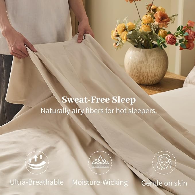 MEISHANG 100% French Pure Linen Sheets Queen Size - Bed Sheets 4 Piece Sets, Soft Durable Flax Linen, Anti-Tear Breathable Oeko-Tex Certified with 16" Deep Pocket (Linen)